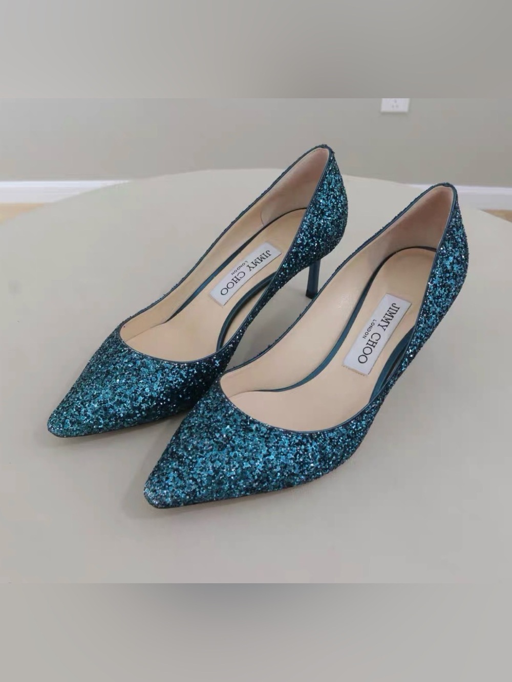 Jimmy Choo Teal Blue Glitter Pointed Toe Pumps